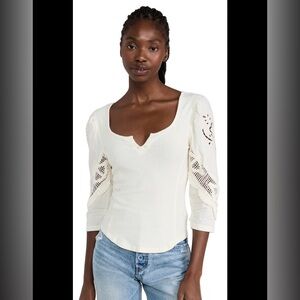 Free People Brunch Date Knit Top, EUC, Size Large, 3/4 Sleeve, Puff Sleeve